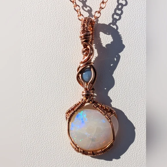 Mystical Opal Amulet Necklace Artisan Copper Wire Wrap With Dainty Chain - Picture 8 of 15